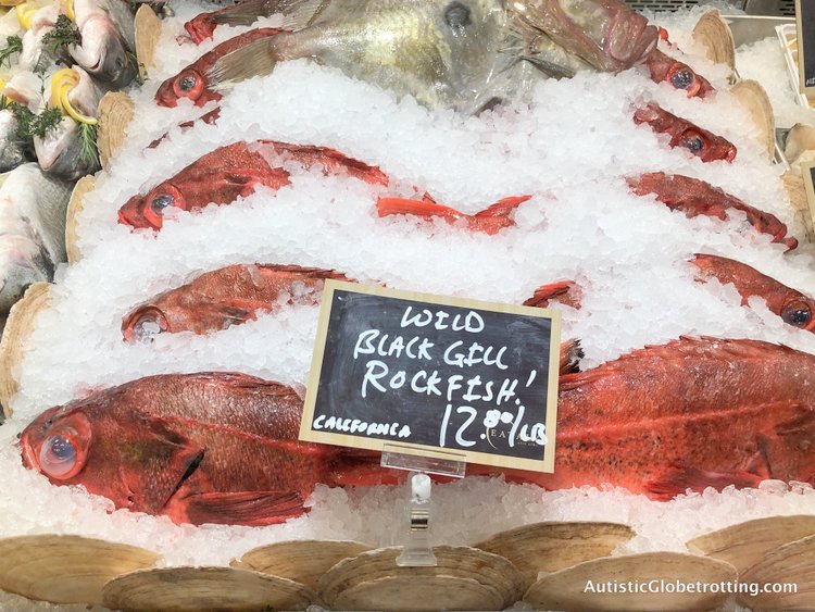 Exploring Eataly in Los Angeles with Autism red fish frozen on display