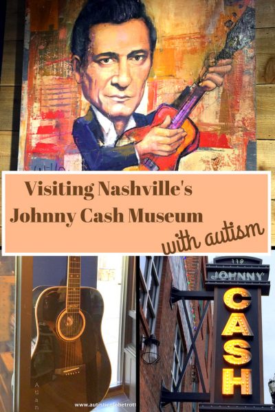 Visiting Nashville's Johnny Cash Museum with Autism pin collage guitar