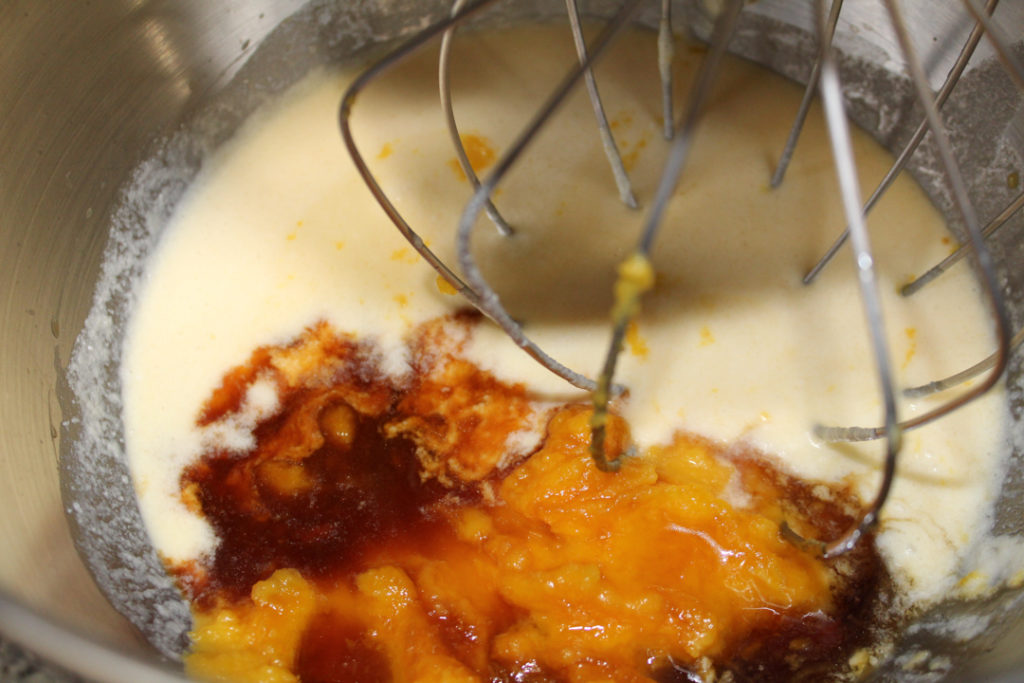 All liquid ingredients in the mixing bowl with a whisk.
